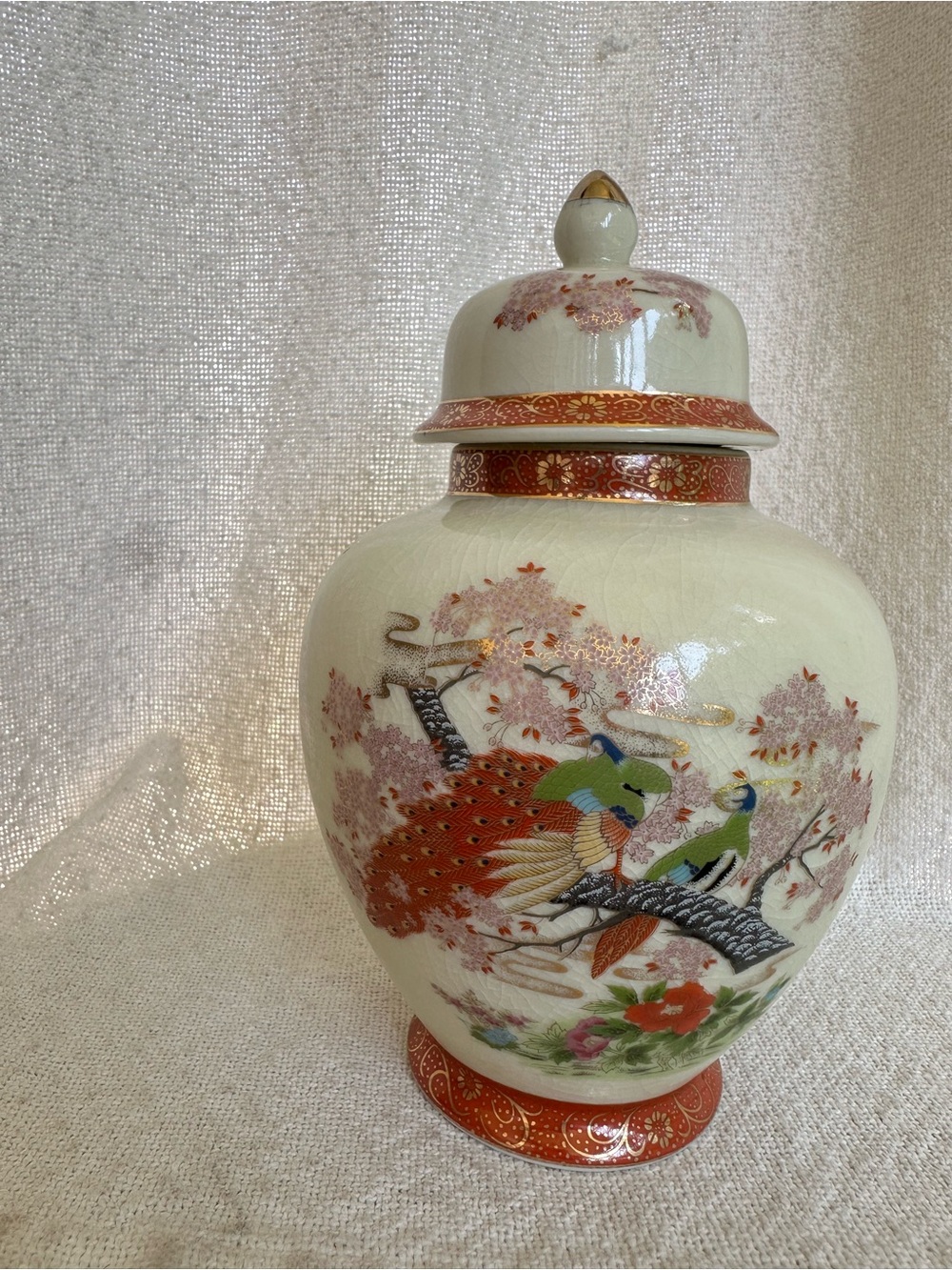Vintage ArtMark Japan Pheasant Ginger Jar with Lid 8”
